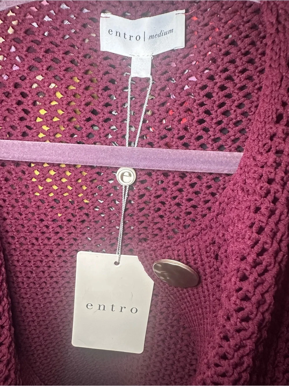 entro Maroon Crochet Open-Knit Button Cardigan